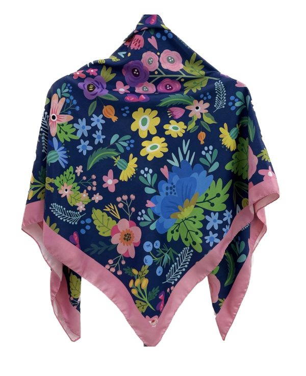 روسری نخ گارزا قواره کوچک باغ بهشت سرمه ای - Image 1