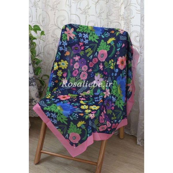 روسری نخی قواره متوسط (قواره 110) باغ بهشت سرمه ای - Image 1