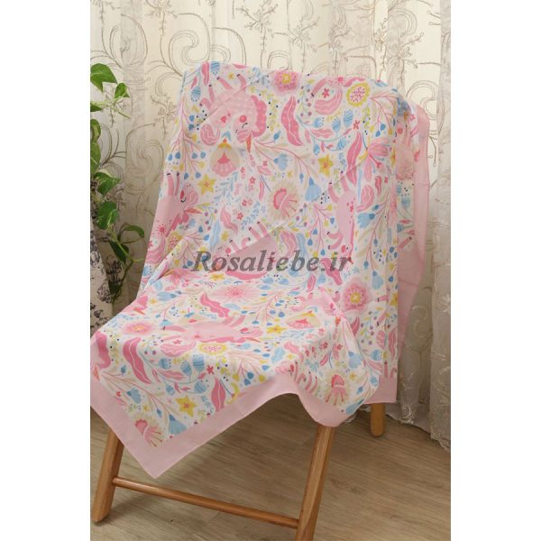 روسری نخی قواره متوسط (قواره 110) یونیکورن تپلی سفید و صورتی - Image 2