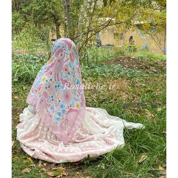 روسری نخی بچه گانه (قواره 90) یونیکورن تپلی سفید و صورتی - Image 1